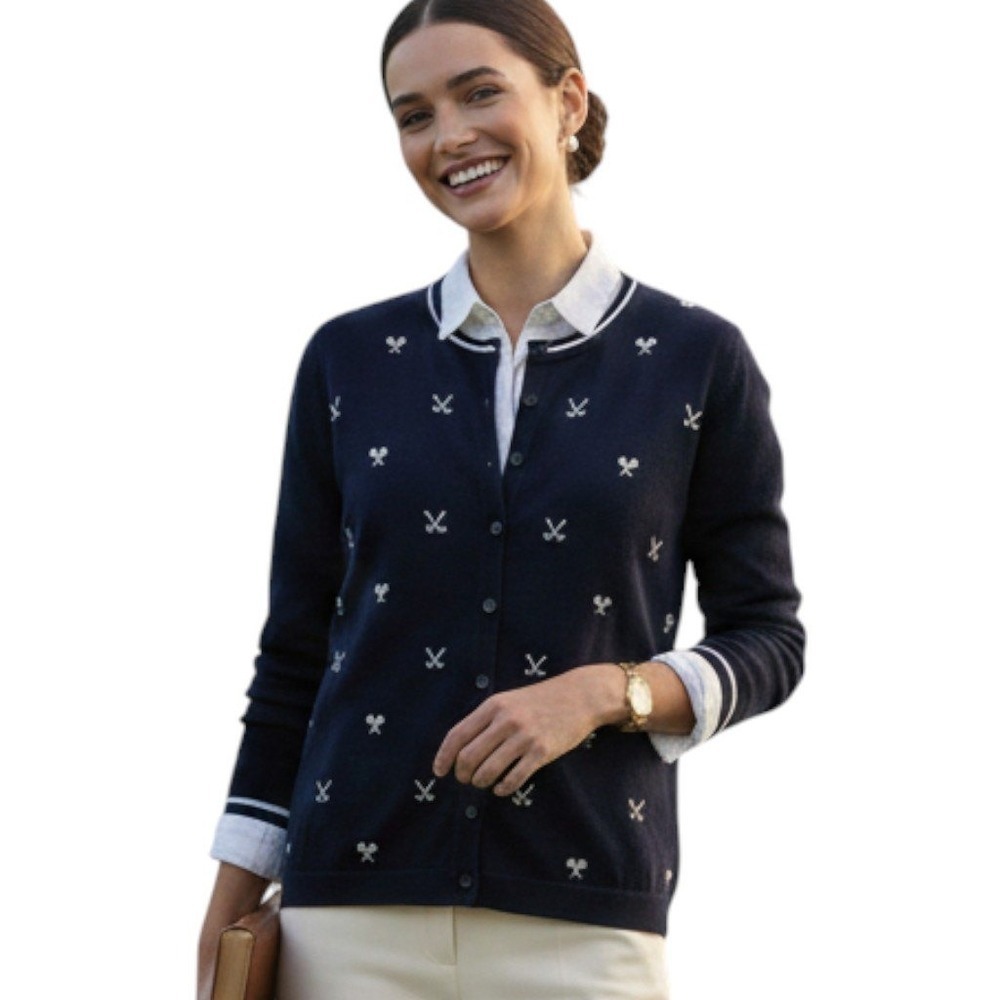 Talbots Navy Cardigan with White Cross Motif
